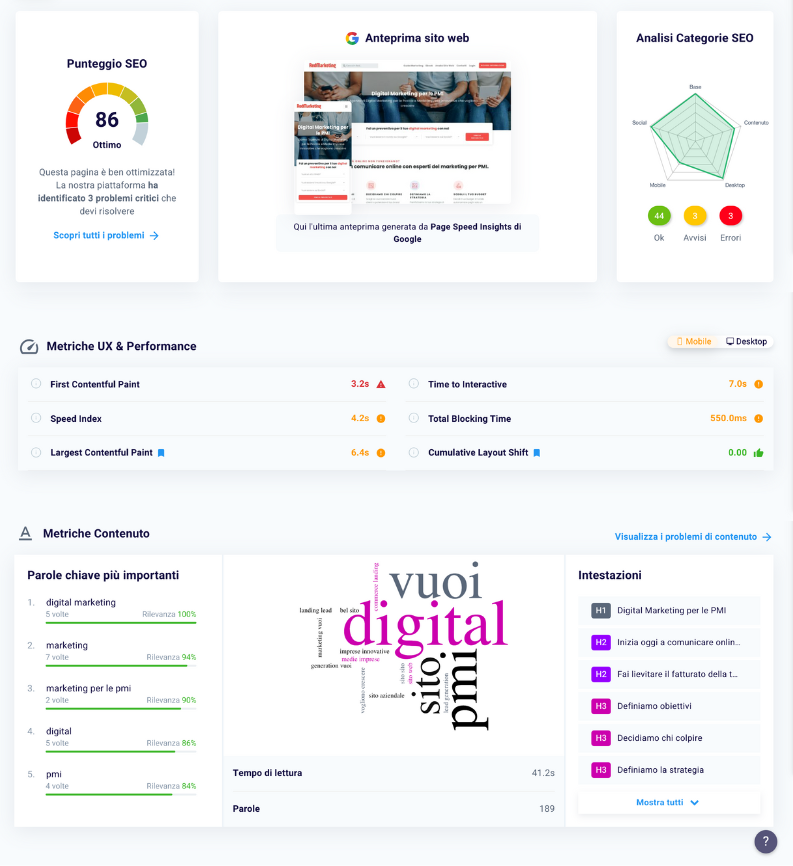 Analisi delle prestazioni del tuo sito e posizionamento